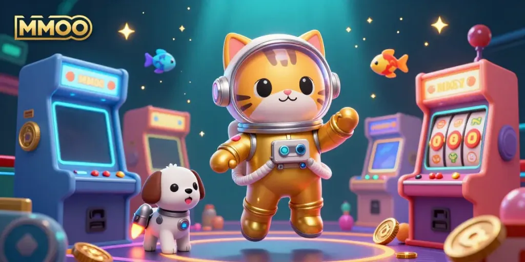 Engage in the thrilling adventure at MMOO with a magical casino scene featuring a spaced-themed gamer.