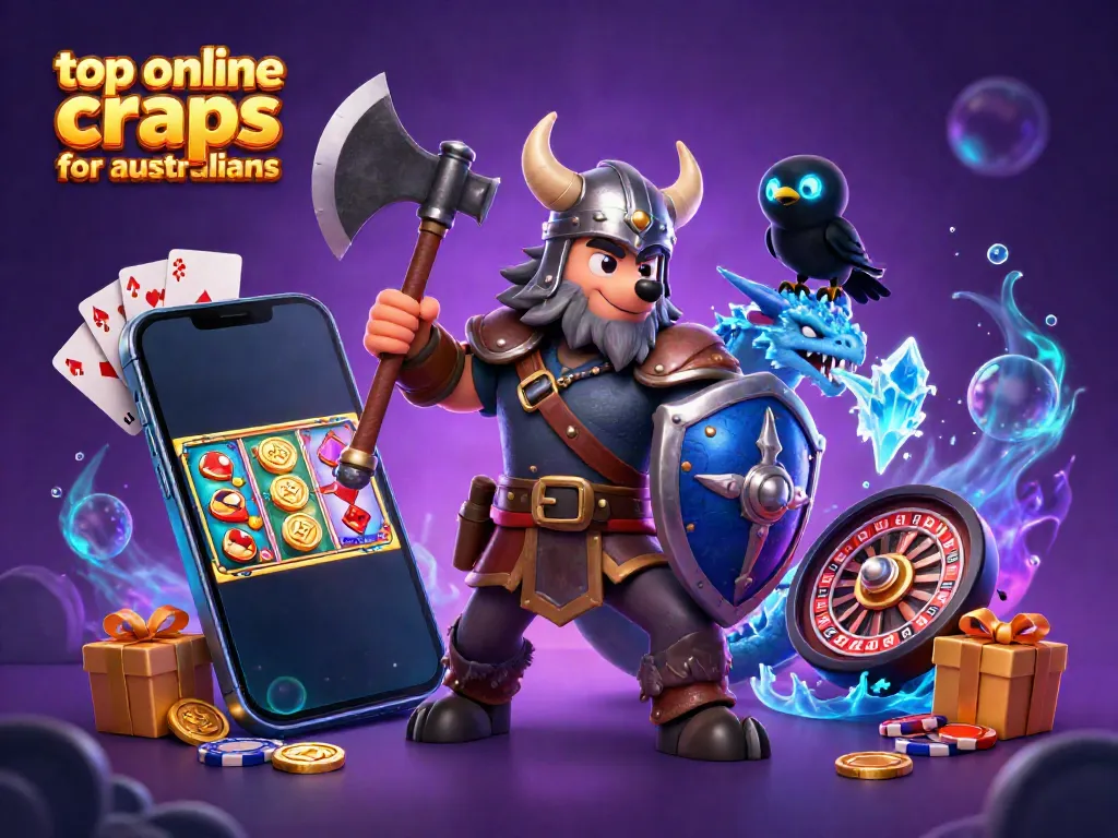 Bet on top online craps for australians with a Viking warrior, dragon, and vibrant slot game elements.