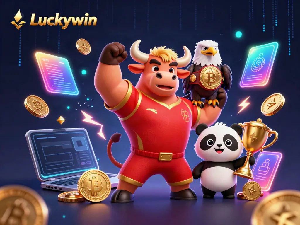 Playing casino games with Luckywin represented by dynamic cartoon characters celebrating wins and cryptocurrency.