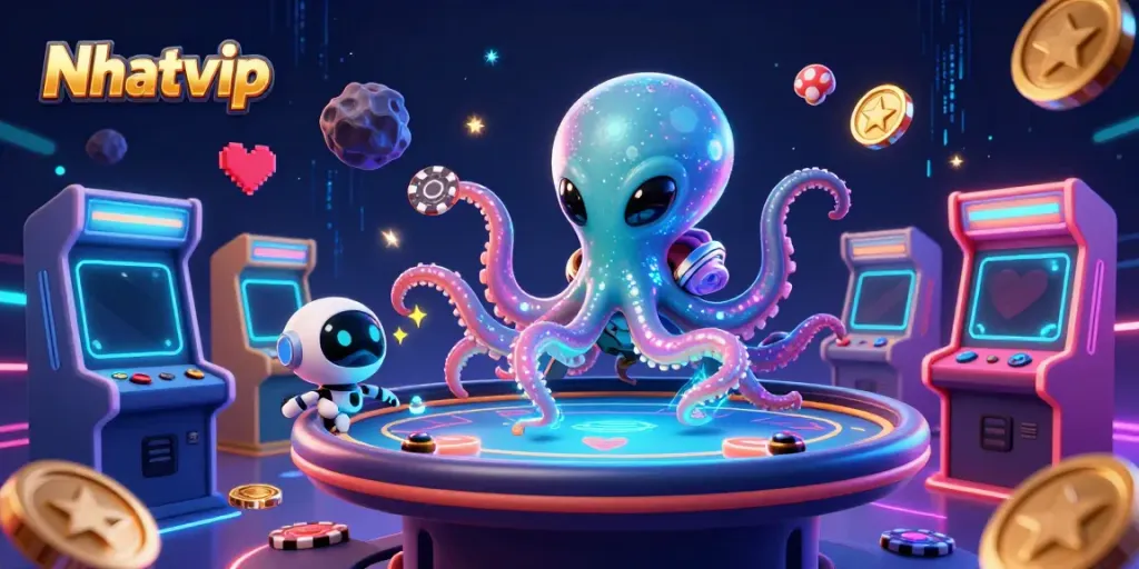 Engage in thrilling games with Nhatvip's vibrant casino adventure, featuring an alien octopus and arcade elements.