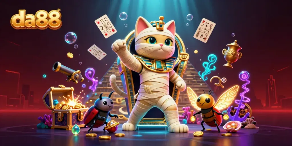 Experience thrilling moments with da88, featuring a spectacular Egyptian mummy cat in a vibrant casino scene.