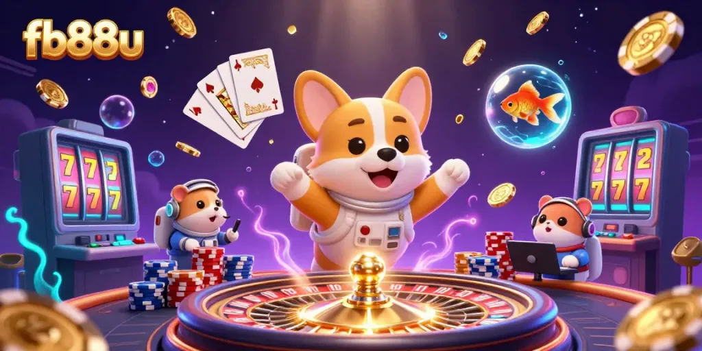 Play with exciting games at fb88u, featuring an astronaut corgi amidst a vibrant space casino.