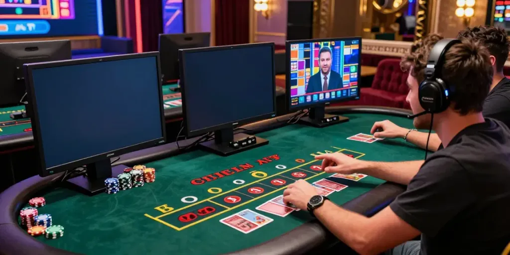 Player engaging in a live casino experience at https://ku88vt.com/, with vibrant atmosphere and high-tech gaming setup.