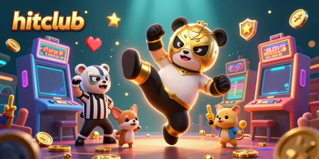 Experience the excitement of hitclub with a fun-filled casino scene of a panda wrestler and cheering animals