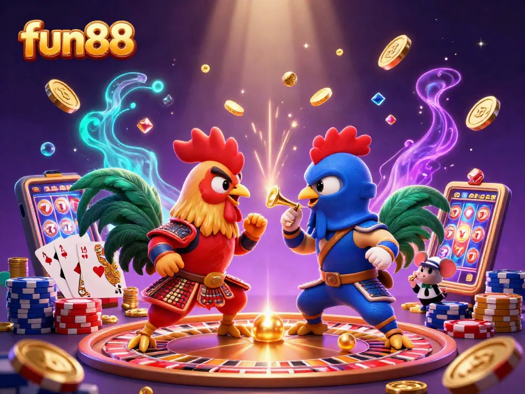 Engage with fun88's thrilling casino experience amid dynamic 3D roosters and casino elements.