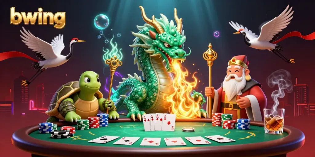 Bwing showcases a vibrant poker scene featuring a jade dragon, supportive crane, and wise turtle.