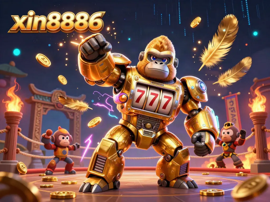 Experience the excitement of xin8886 with a dynamic golden mech and coins flying in a vibrant casino scene.