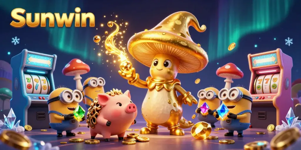Experience thrilling gaming with Sunwin's magical scene featuring the golden wizard and treasures.
