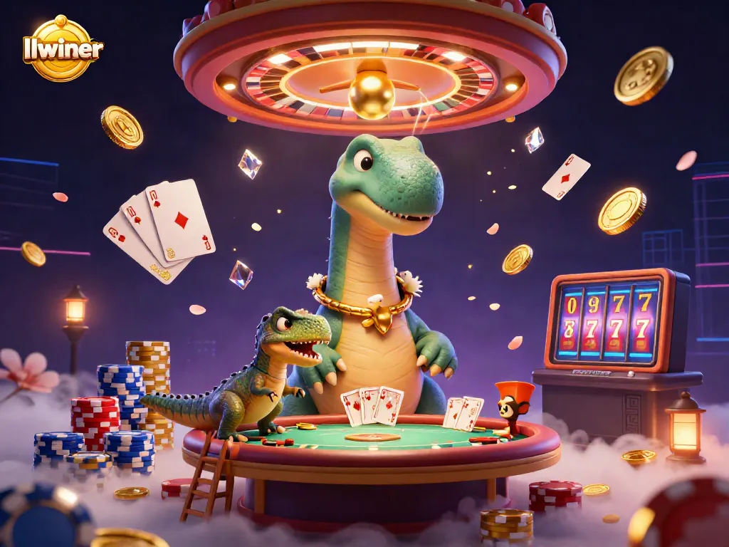 Experience the vibrant energy of llwiner's 3D casino environment, with a giant brontosaurus and a clever raptor dealer amidst cascading coins and sparkling gems.