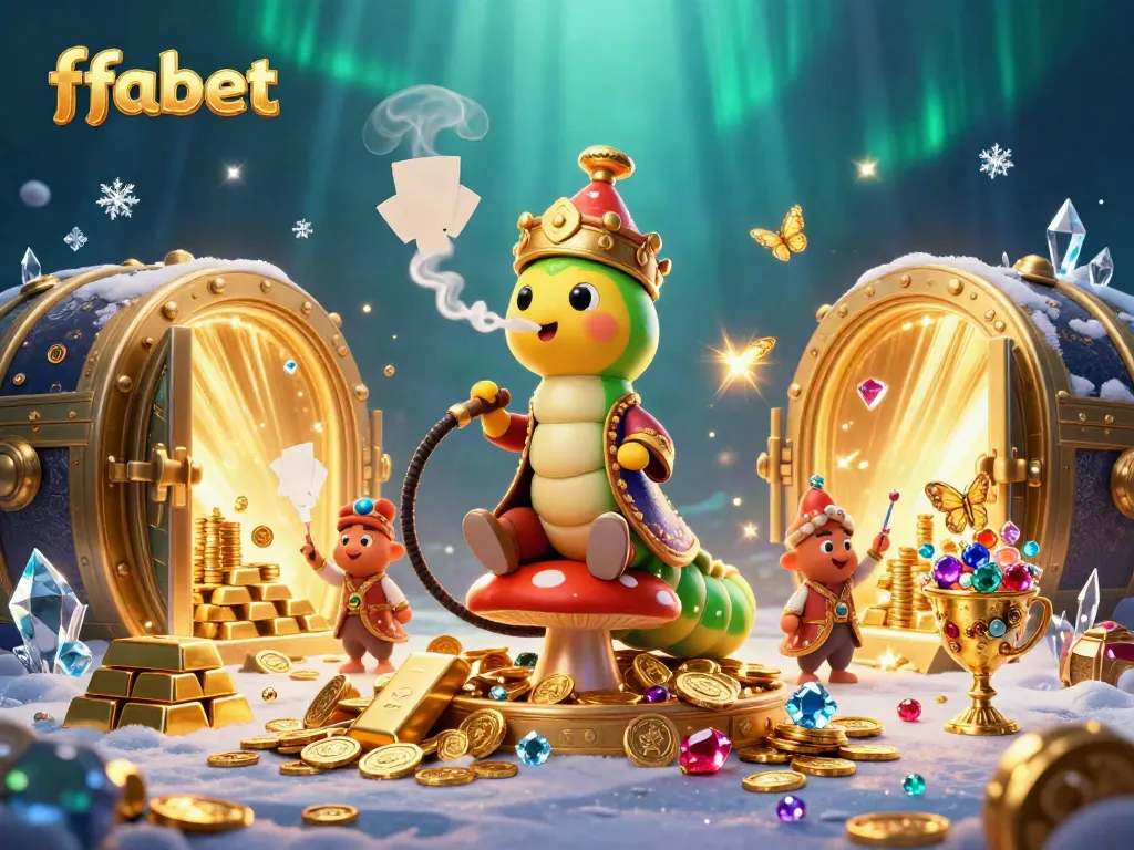 Experience gaming magic at fabet with a whimsical 3D scene of a caterpillar master and dazzling treasures.