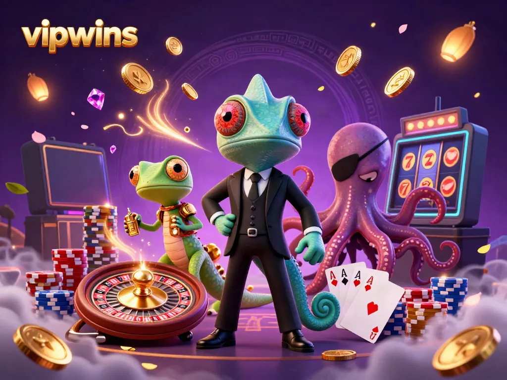 Experience thrilling gameplay at vipwins with a colorful 3D casino illustration featuring lively characters and dynamic game elements.