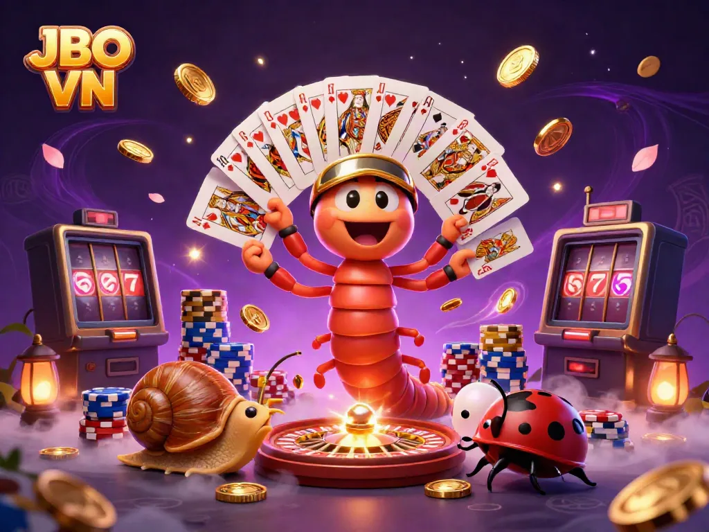 Engage in thrilling gameplay with JBO VN featuring a vibrant 3D scene of a cartoon dealer and high-rollers.