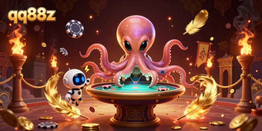Engage in thrilling poker at qq88z with an alien octopus dealer and holographic table.