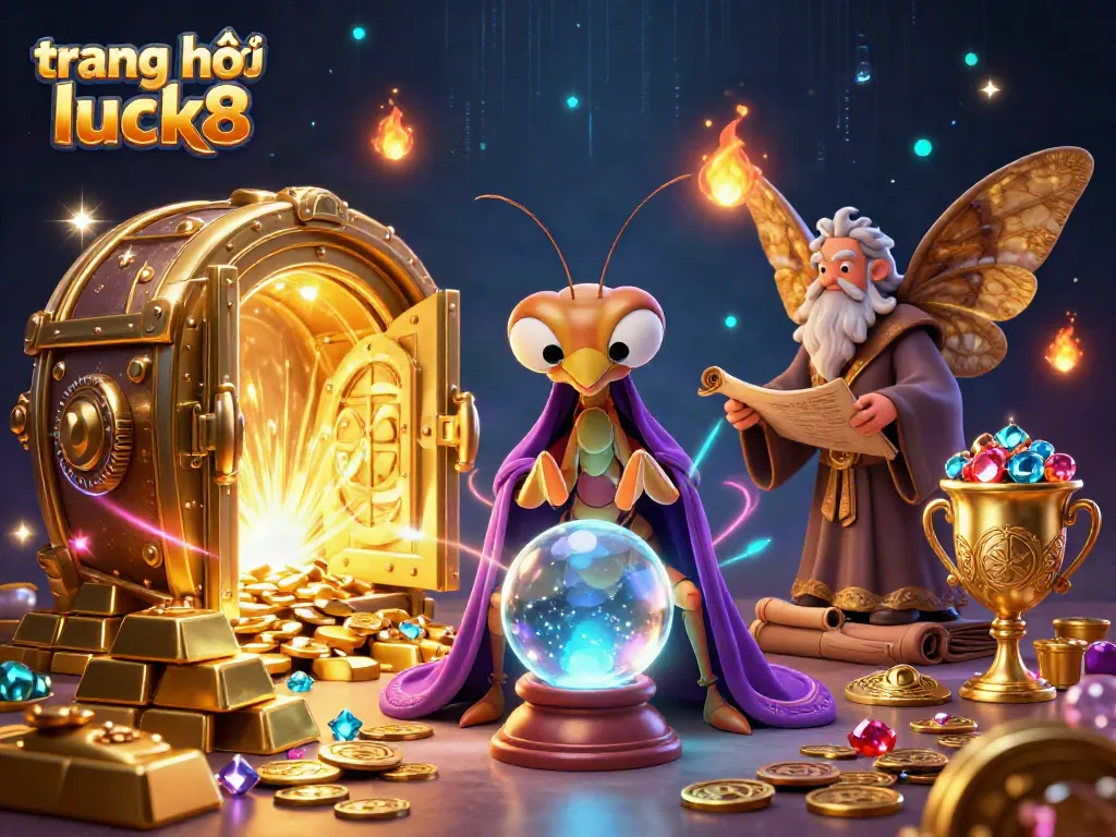 Engage with the vibrant world of trang chủ luck8 as mystical fortune tellers, treasure, and light collide in a rich casino illustration.