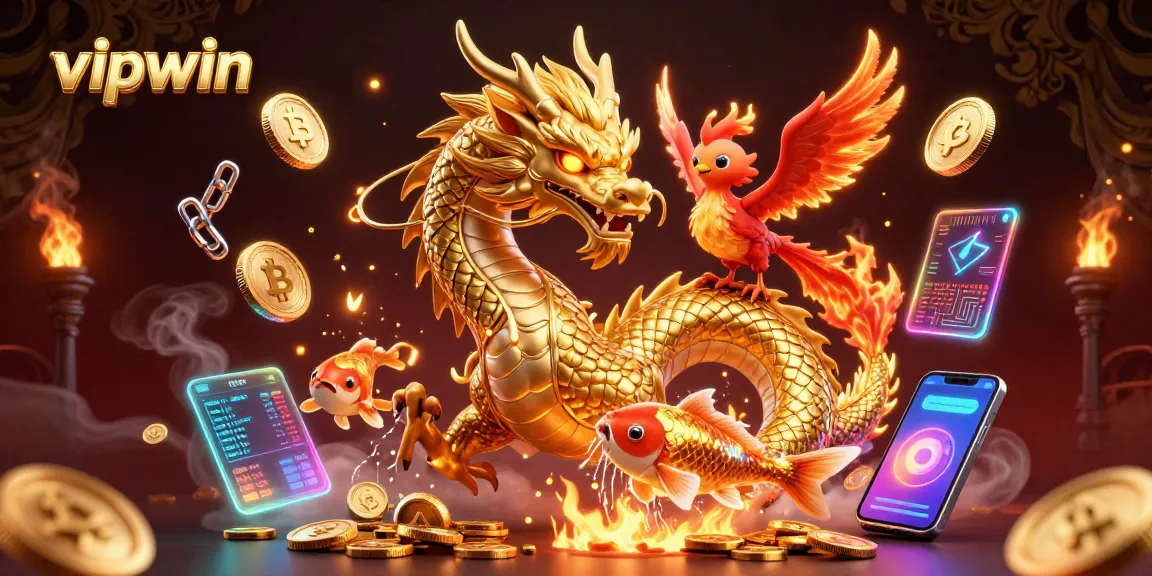 Engage with vipwin's gaming experience featuring a dragon, phoenix, and koi amidst coins.