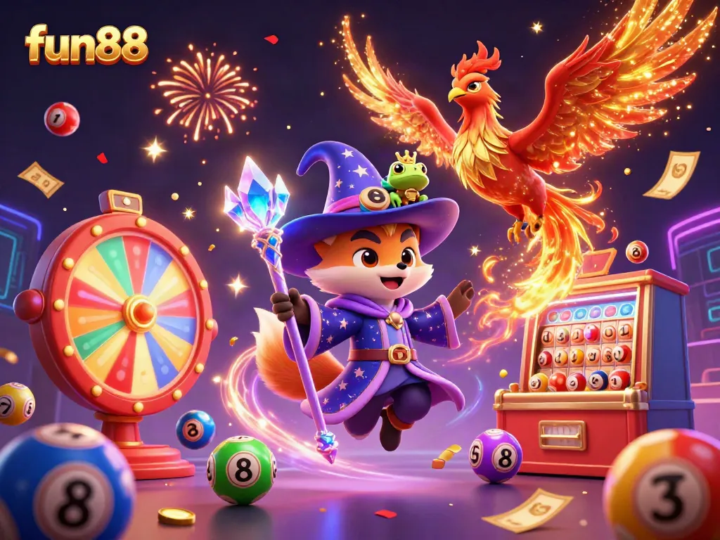 Play exciting games on fun88 with a fantasy-inspired artwork featuring a wizard, phoenix, and lottery elements.