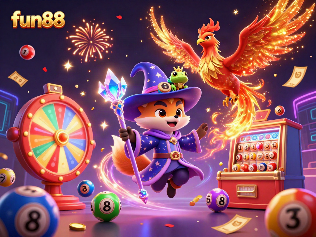 Play exciting games on fun88 with a fantasy-inspired artwork featuring a wizard, phoenix, and lottery elements.
