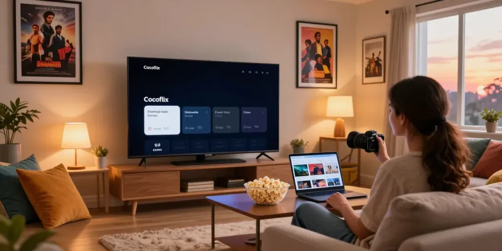 Cocoflix entertainment setup featuring a user enjoying films, popcorn, and cozy atmosphere at home.