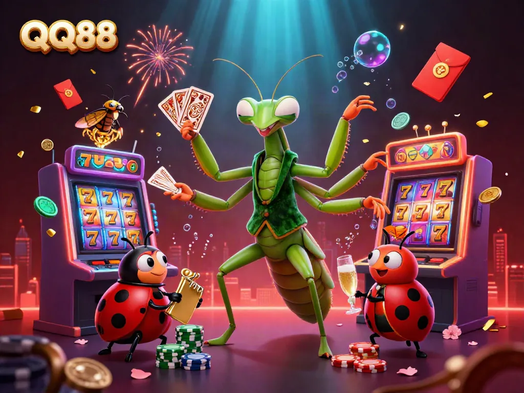 QQ88 card sharp and ladybug pit boss entertain players in a vibrant casino scene.