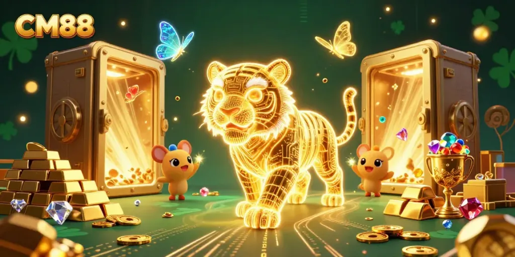 Engage in thrilling gameplay at CM88, featuring a golden tiger in a vibrant casino.