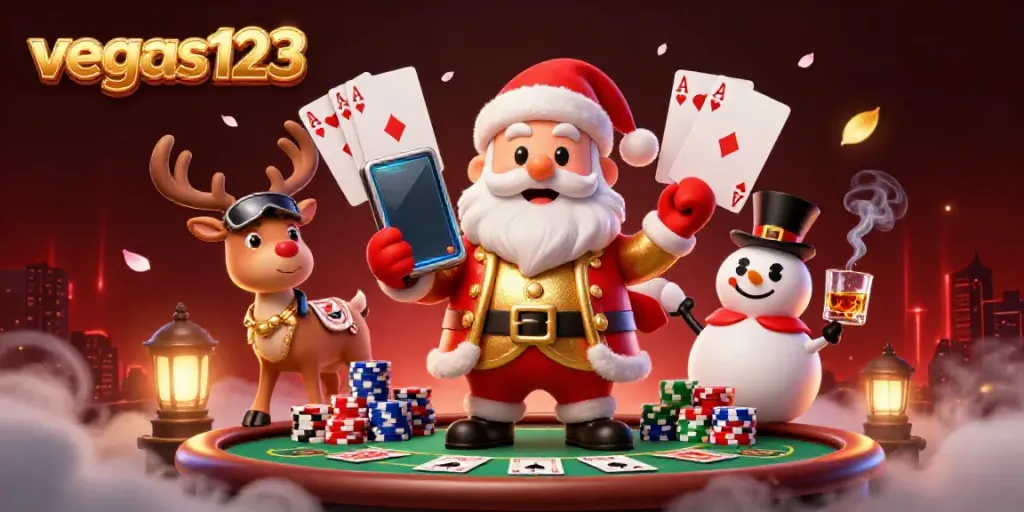 Gali jackpot di vegas123 bersama Santa, rusa, dan manusia salju di kasino penuh warna.