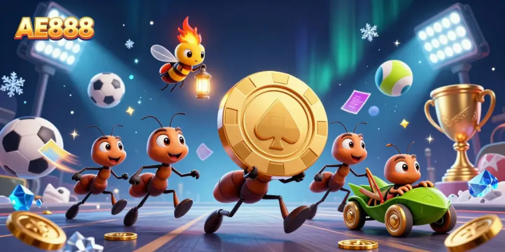 Experience excitement with AE888 as cartoon ants pull off a heist for a giant poker chip.