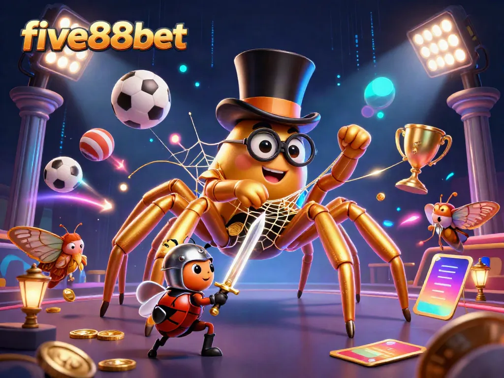 Experience the thrill of five88bet with a golden tarantula and beetle knight in a vibrant casino scene.