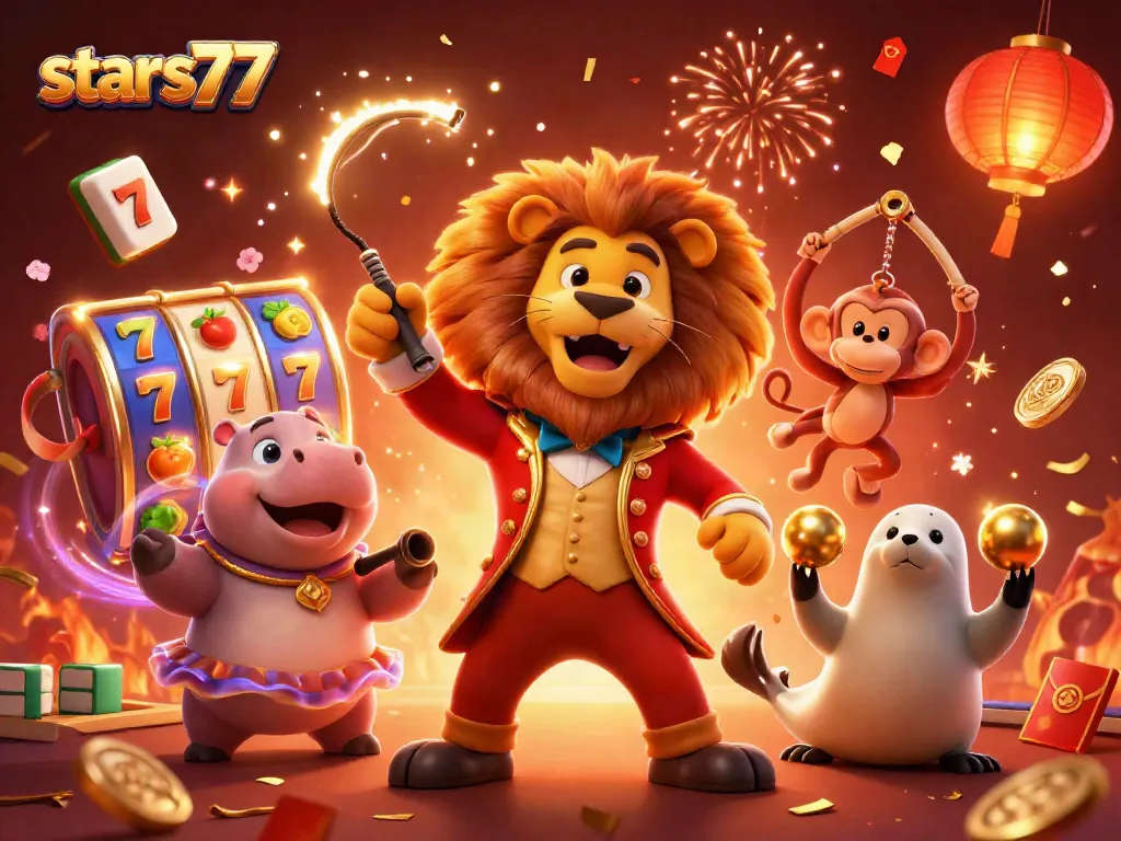 Gambarkan aksi menarik di slots stars77 dengan simbol jackpot dan karakter lucu yang ceria.