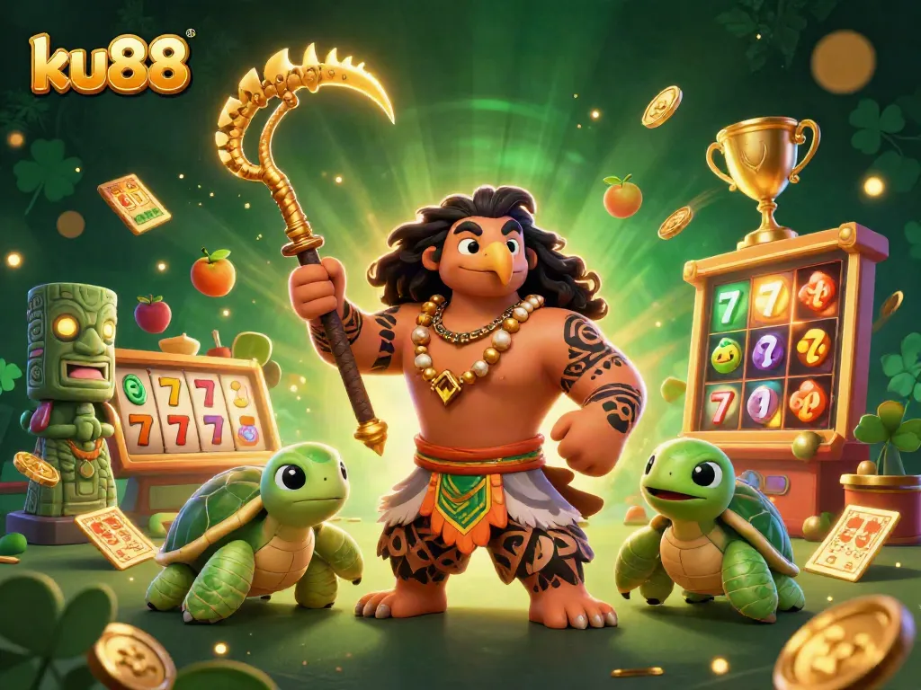 Win big with ku88 at this lively 3D casino illustration featuring vibrant slot elements.