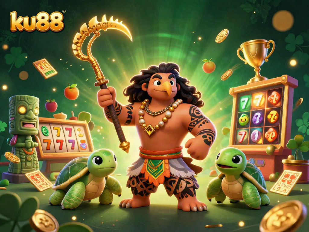 Win big with ku88 at this lively 3D casino illustration featuring vibrant slot elements.