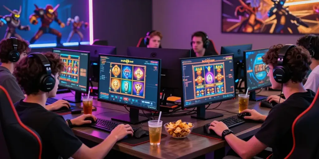 Friends enjoying gaming together at DA88, featuring vibrant slot game graphics on screens and a lively atmosphere.