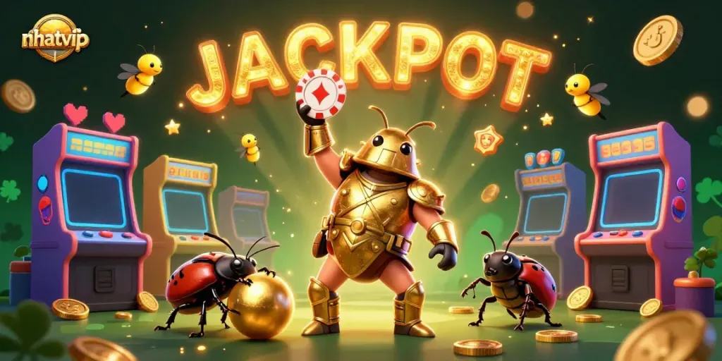 Nhatvip showcases a victorious hero beetle in a vibrant casino scene filled with gaming elements.