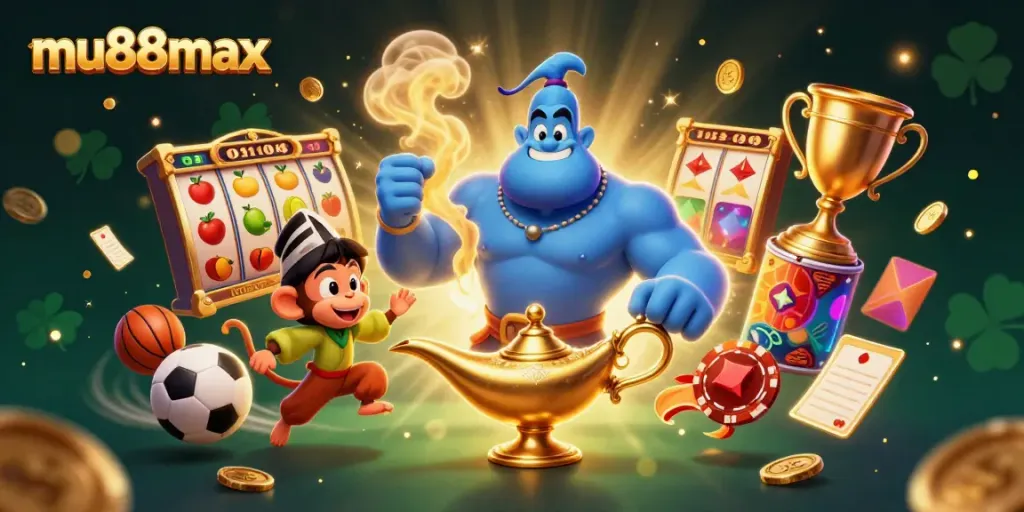 Win big at mu88max with this colorful illustration of a genie, monkey, and poker chips.