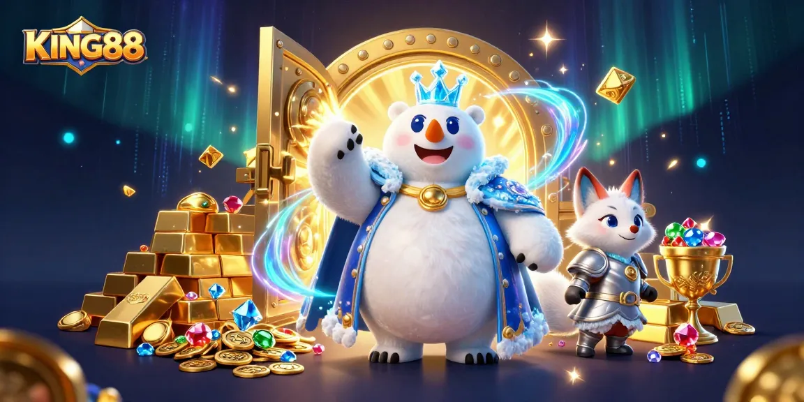 Experience the thrill of KING88 as the ice king and snow fox discover treasures in a vibrant casino scene.