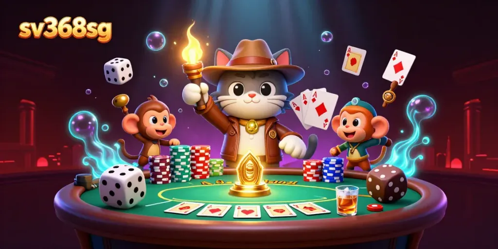 This vibrant scene of sv368sg showcases an archaeologist cat discovering golden casino artifacts among poker elements.