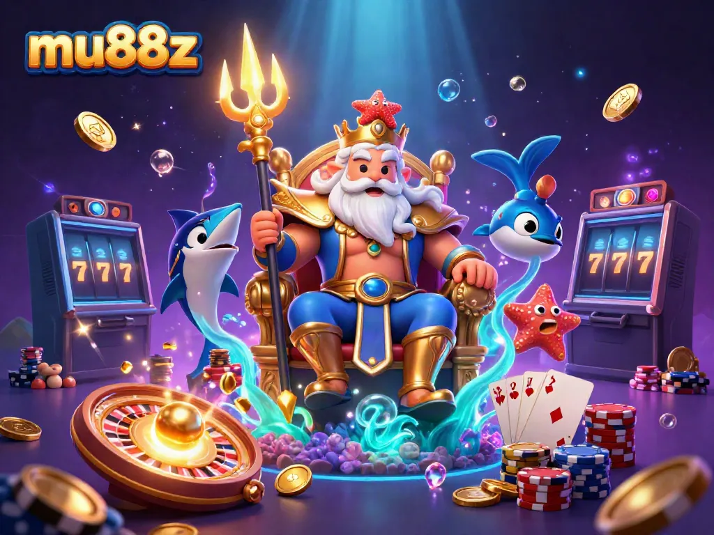 Experience captivating gaming thrills with mu88z, showcasing Neptune, gem stones, and casino action.