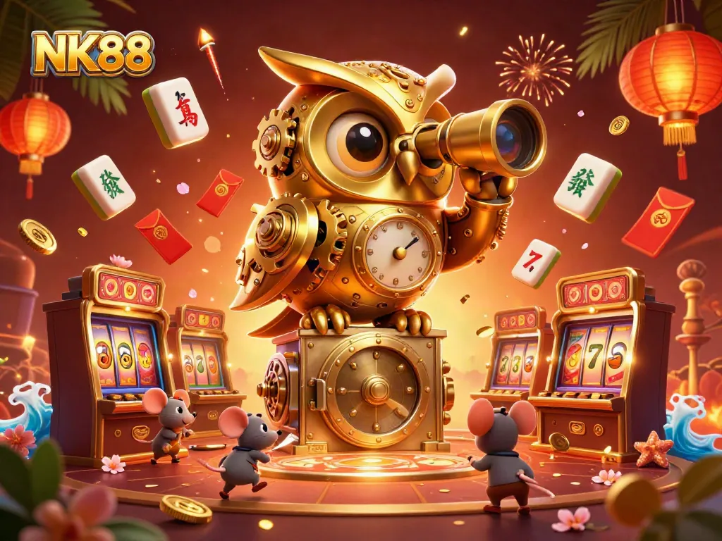 Experience excitement with NK88 gaming featuring a golden owl and bustling casino floor scene.