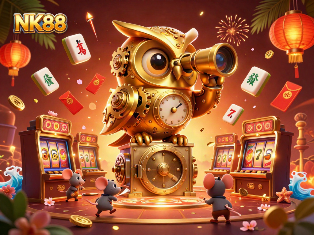 Experience excitement with NK88 gaming featuring a golden owl and bustling casino floor scene.