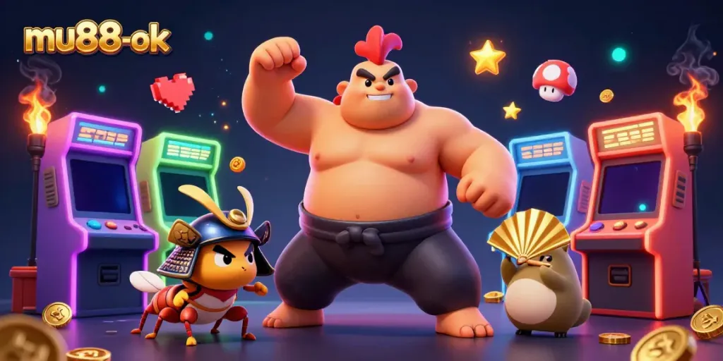 Experience thrilling games at mu88-ok with vibrant 3D illustration featuring iconic casino characters.