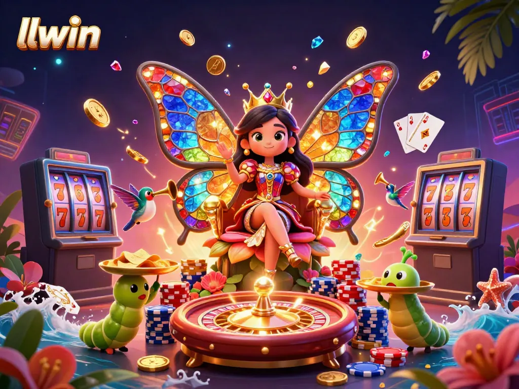 Engaging 3D scene showcasing llwin's vibrant casino atmosphere with a butterfly queen, roulette wheel, and sparkling treasures.
