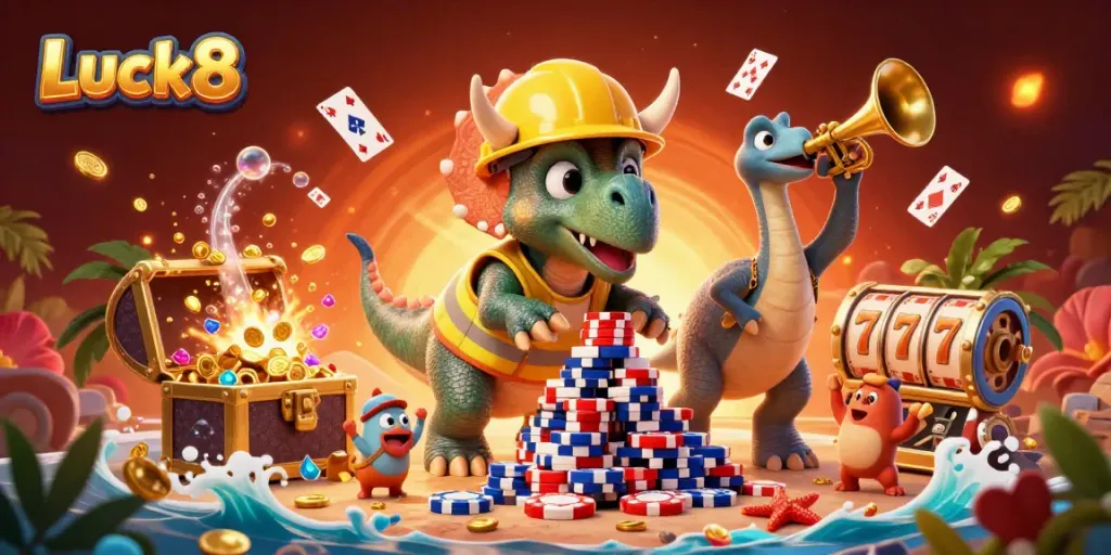 Experience the excitement of Luck8 with a triceratops building poker chips and celebrating with friends in a vibrant casino scene.