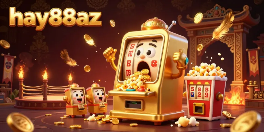 Engage with the exciting world of hay88az as a golden slot machine hits a jackpot, surrounded by cheering machines and vibrant casino elements.