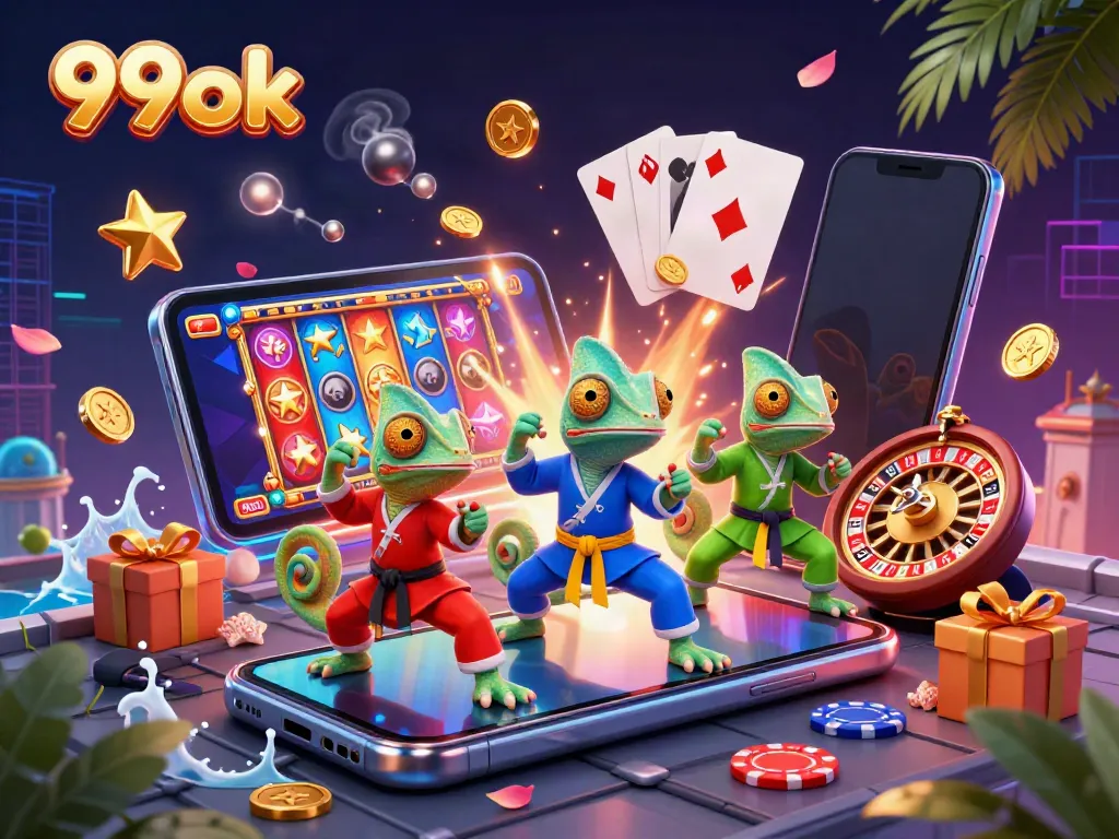 Engage in thrilling 99ok gaming with vibrant chameleon ninjas, golden coins, and dynamic casino elements.