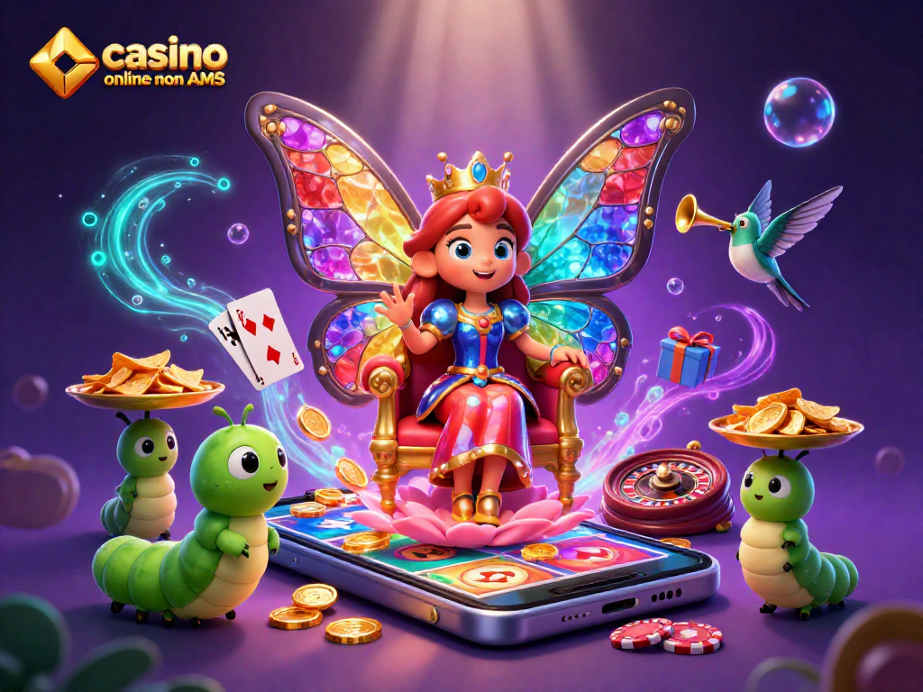 Un'illustrazione 3D di un casinò online non AAMS con una regina farfalla e elementi di gioco colorati.
