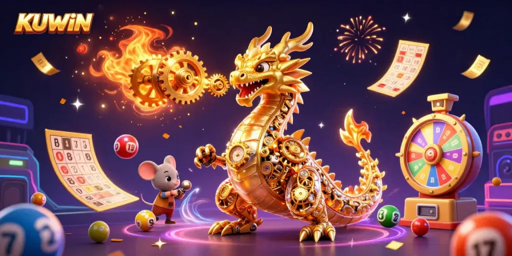 Experience thrilling wins at KUWIN featuring a golden dragon, lottery balls, and vibrant energy!
