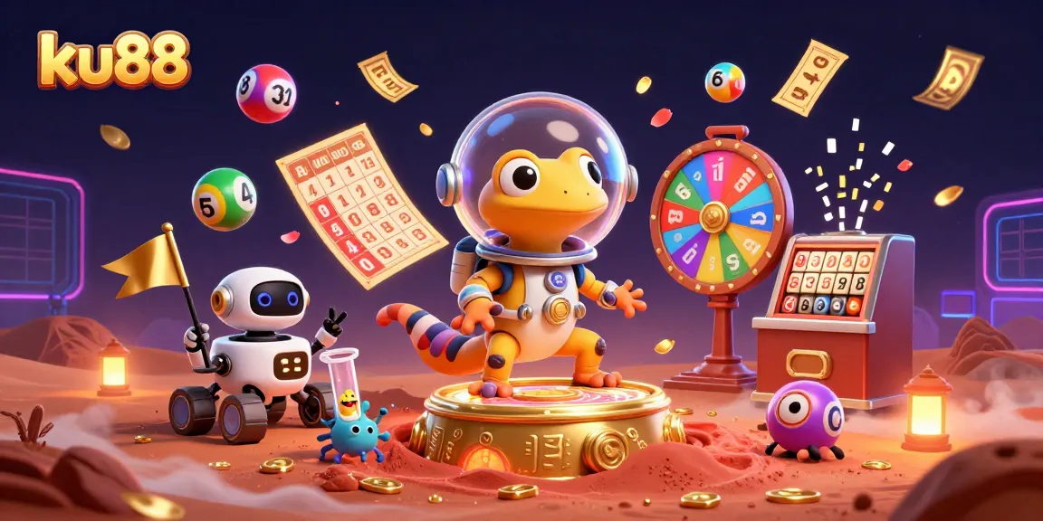 ku88 spins golden prizes in a vibrant 3D casino scene filled with excitement and lottery elements