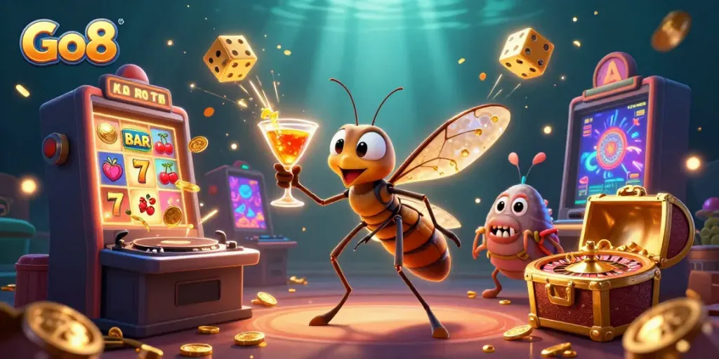 Go8 casino mascot in a dynamic scene with flying slots, cocktail, and golden roulette wheel.
