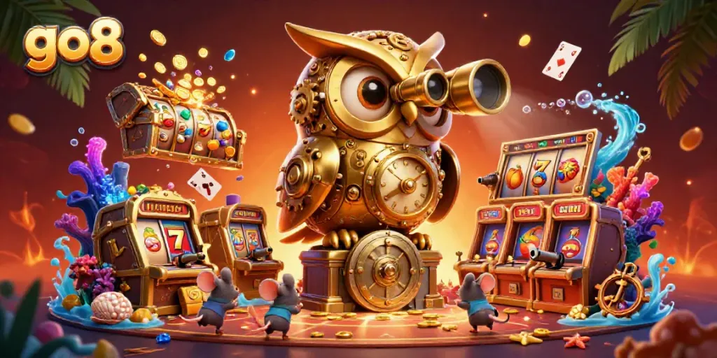 Bet on go8 with golden owl and mouse patrons amidst vibrant casino elements.