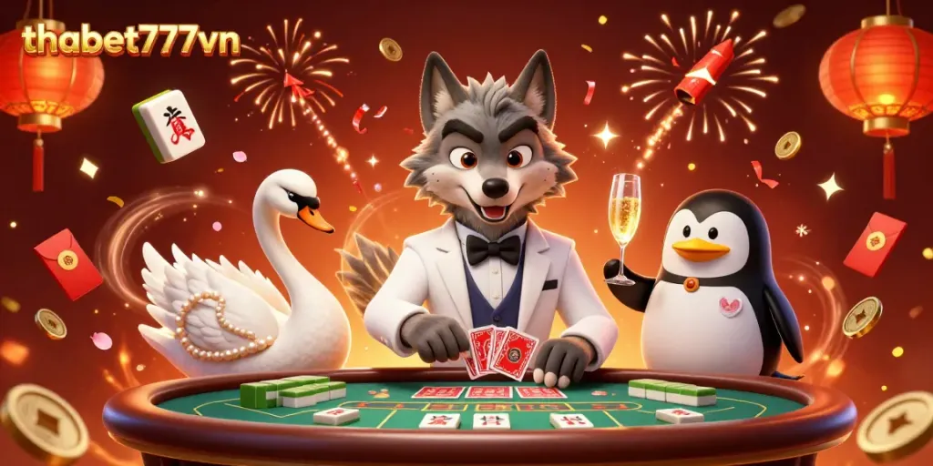 Experience the thrill of thabet777vn with an exciting baccarat scene featuring lively 3D animated characters.