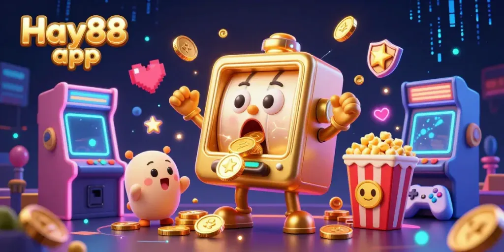 Experience the excitement of the Hay88 app with a vibrant 3D illustration showcasing a joyful slot machine jackpot.